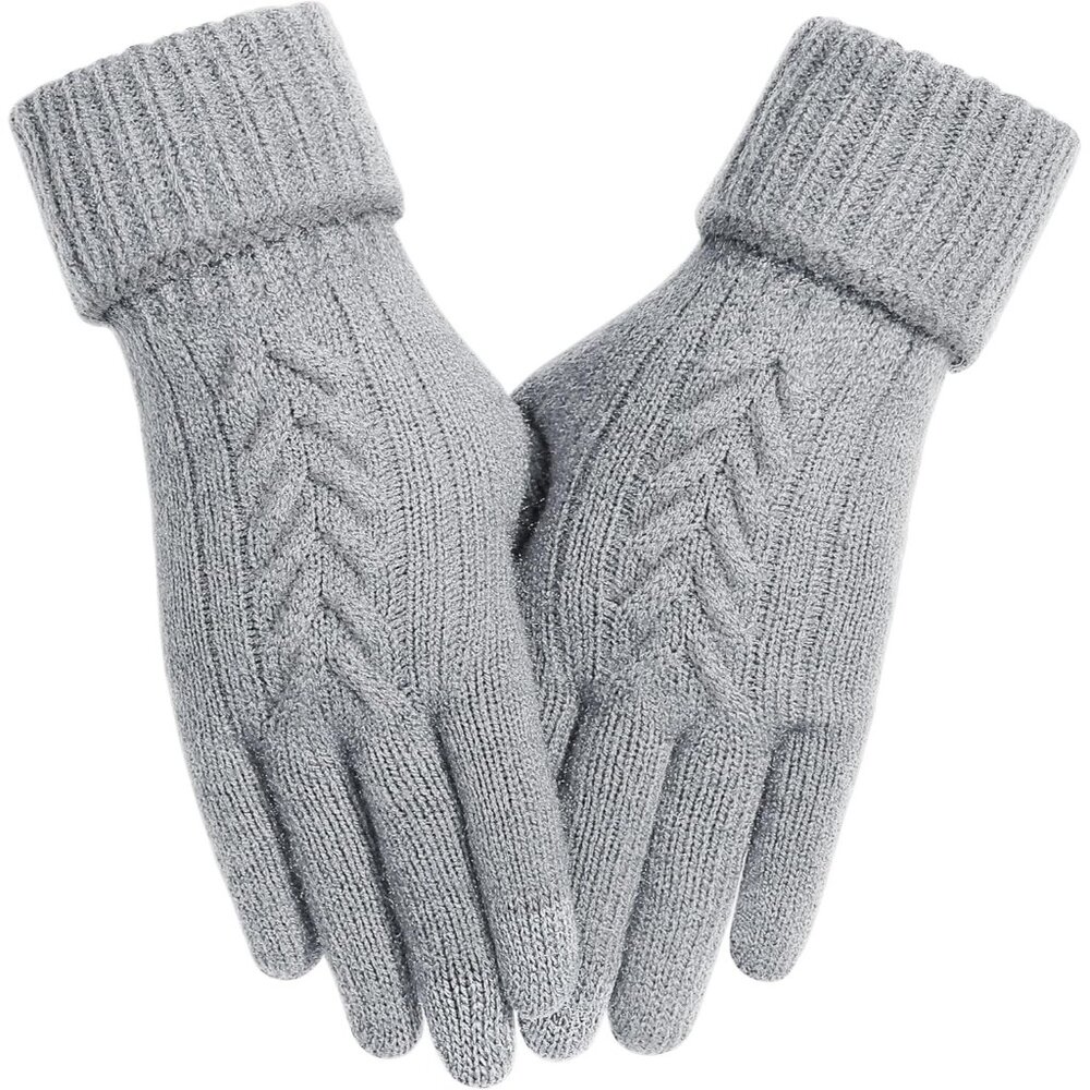 Women's Light Gray Stylish Winter Warm Elastic Knit Acrylic Lined Gloves Design